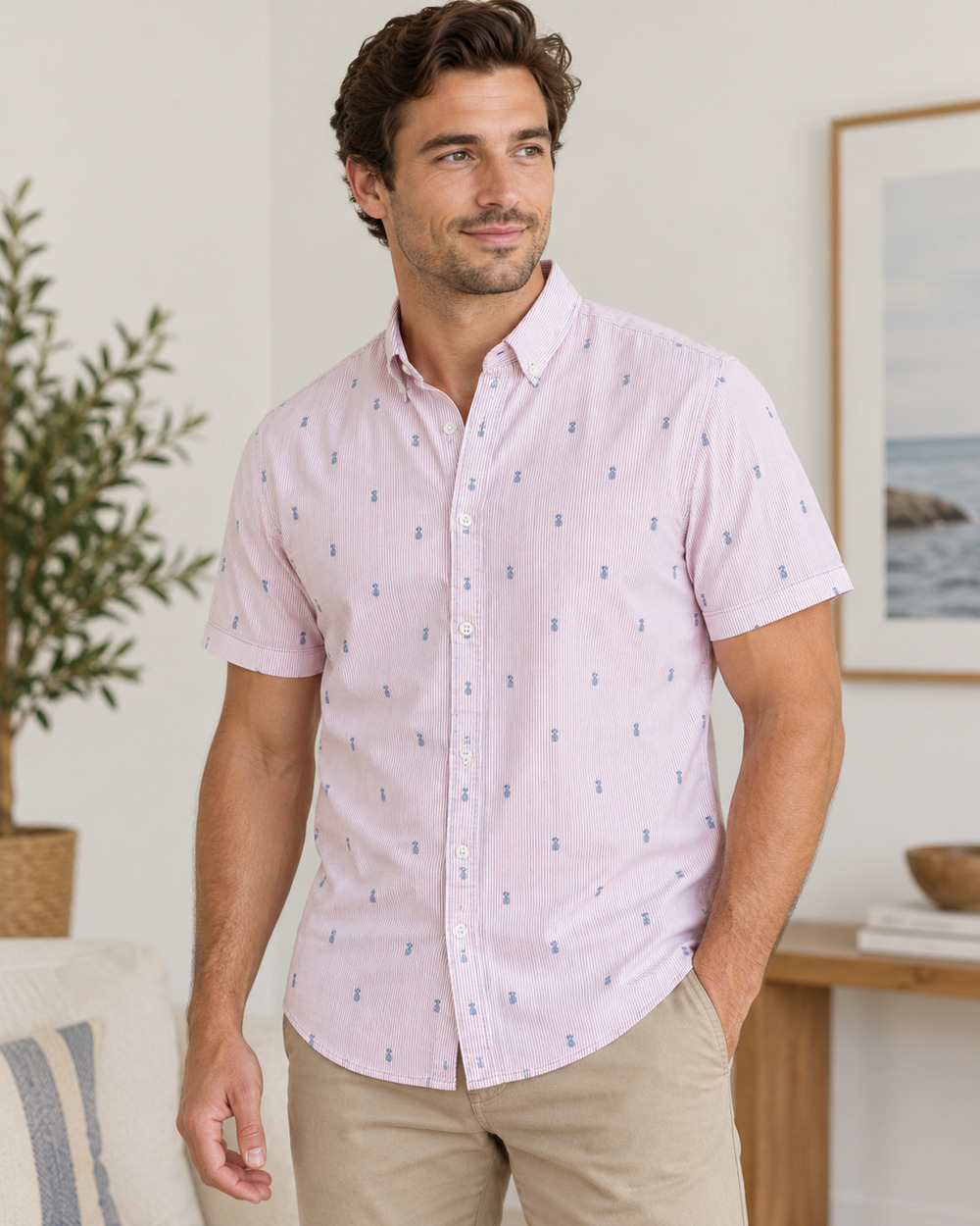 Denim & Flower Ricky Singh Men’s XL Slim Fit Pink Stripe Pineapple Short Sleeve
